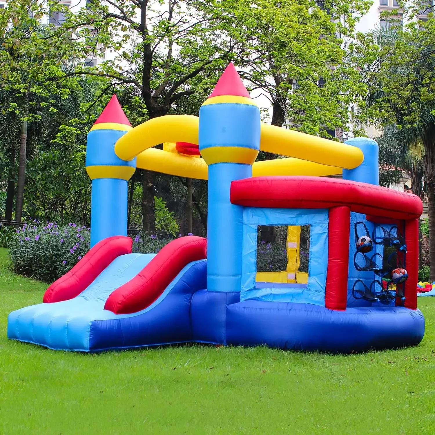 Inflatable Bounce House for Kids Outdoor with Jumping Ball Pit & Basketball Hoop, Ocean Balls, Blower, Patch Kits, Stakes