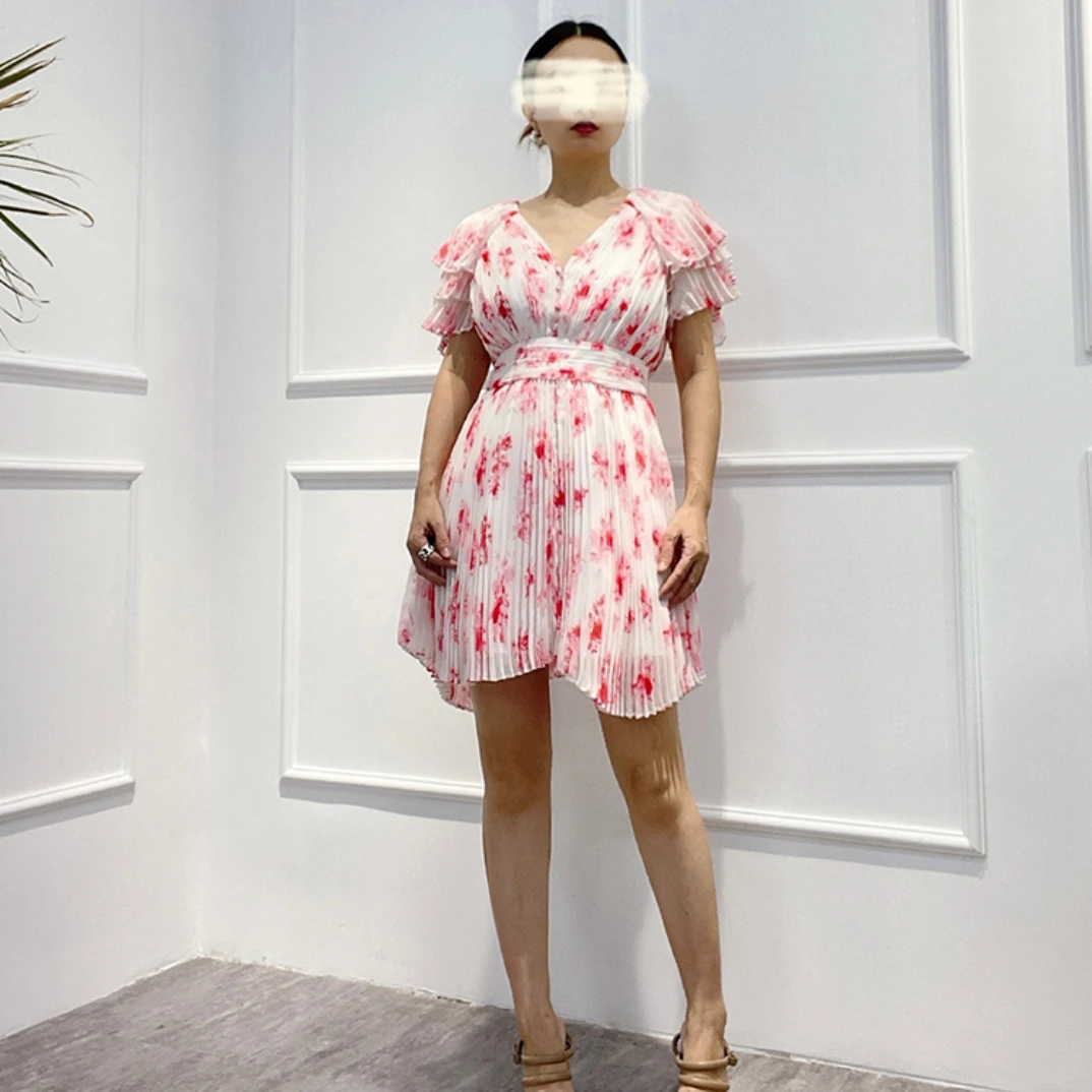 Pink Floral Print Mini Summer Dress Women 2022 High Quality Cascading Ruffles Sleeve Ruched Asymmetrical Hem Backless Clothing