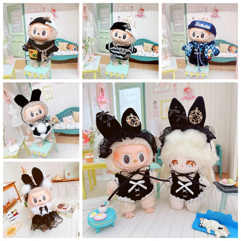 

17cm Pendant Labubu Doll Dress Cute Labubu Doll Clothes Black Maid Uniform Suit Cartoon Doll Hoodie Bodysuit Outfit Doll Costume
