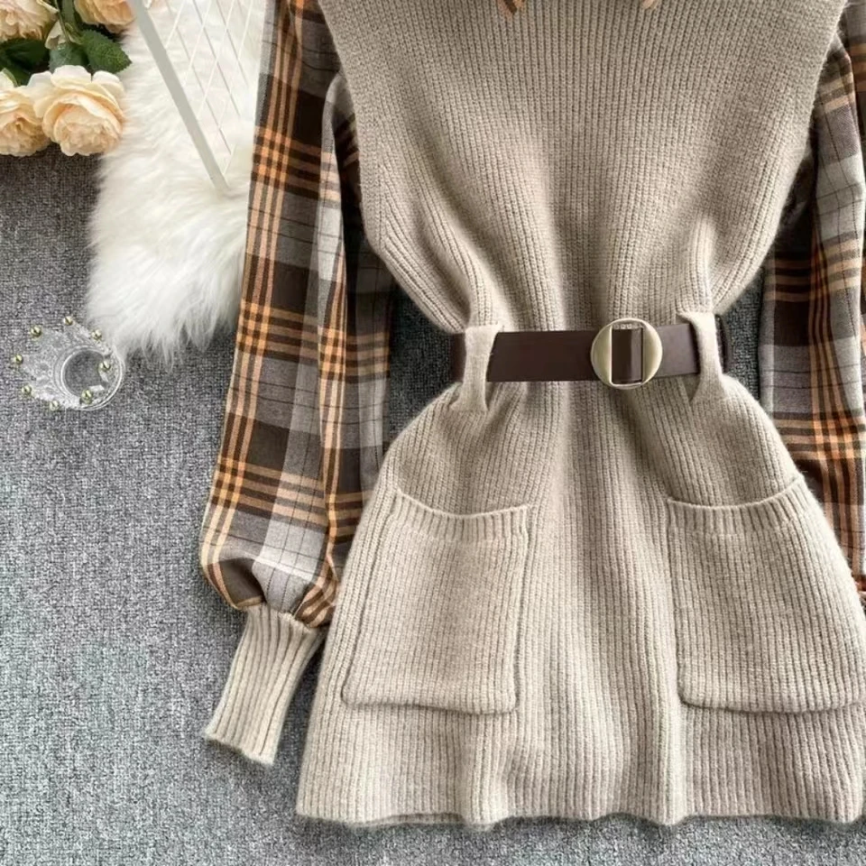 Argyle Sweater  Womens 2021 New Plaid Shirt Fashion Knit Suit Mid-length Sweater Skirt Waist Tie