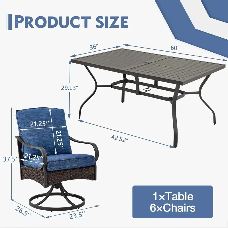 Patio Dining Set Piece , Outdoor Dining Set' Rectangular Metal Table with Umbrella Hole and Wicker Swivel Chairs