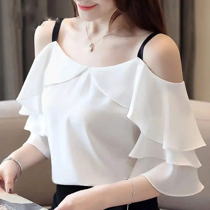 Women Tops and Blouses 2024 Summer Chiffon Shirt Casual Off-shoulder Butterfly Short Sleeve Clothes Blusas Mujer De Moda 3571 50