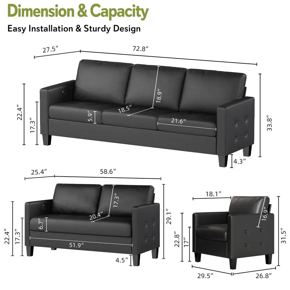 

Black Faux Leather 3 Seater Sofa, Loveseat and Accent Chair, Modern Comfy Office Furniture Set, Small Love Seat Couch with Tuft