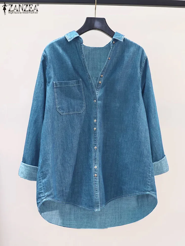 ZANZEA Vintage Long Sleeve Shirt Fashion Women Denim Shirt 2024 Spring Pocket Buttons Tops Casual Retro Lapel Blusas Oversized