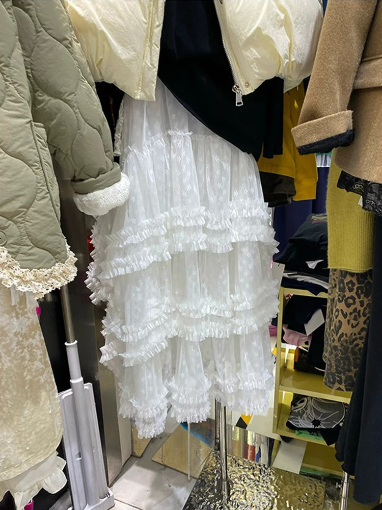 White Lace Half Skirt Women's Autumn Winter Layered Hemline Princess Puffy Cake Long Skirt Commute Korean Style mid Waist