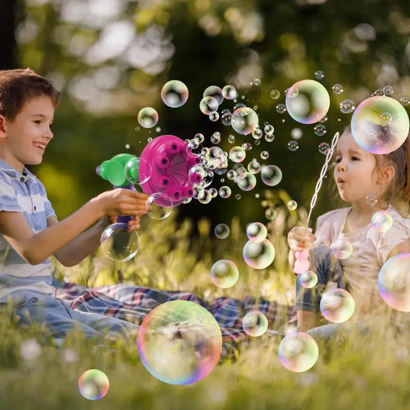 Máquina de burbujas para niños, soplador de burbujas de girasol para exteriores con música, máquina portátil para hacer burbujas de 8 agujeros para niños, eléctrica