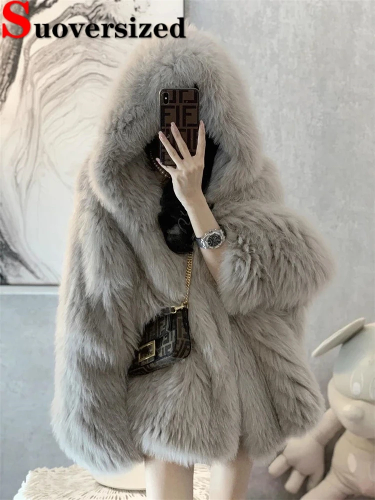 Hooded Winter Faux Fox Fur Coats Korean Fashion Furry Jacket Warm Thick Luxury Plush Casaco Loose Casual Women New Chaquetas