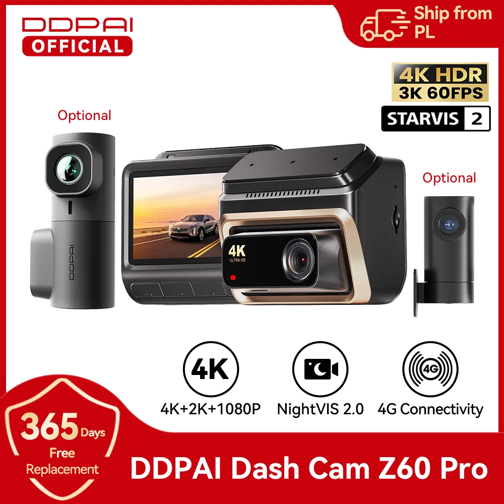 Kamera samochodowa DDPAI 4K Dash Cam Z60 Pro HDR z czujnikiem SONY STARVIS2 678, obsługująca kamery przednią, tylną i wewnętrzne, WiFi, ADAS, GPS, 4G LTE