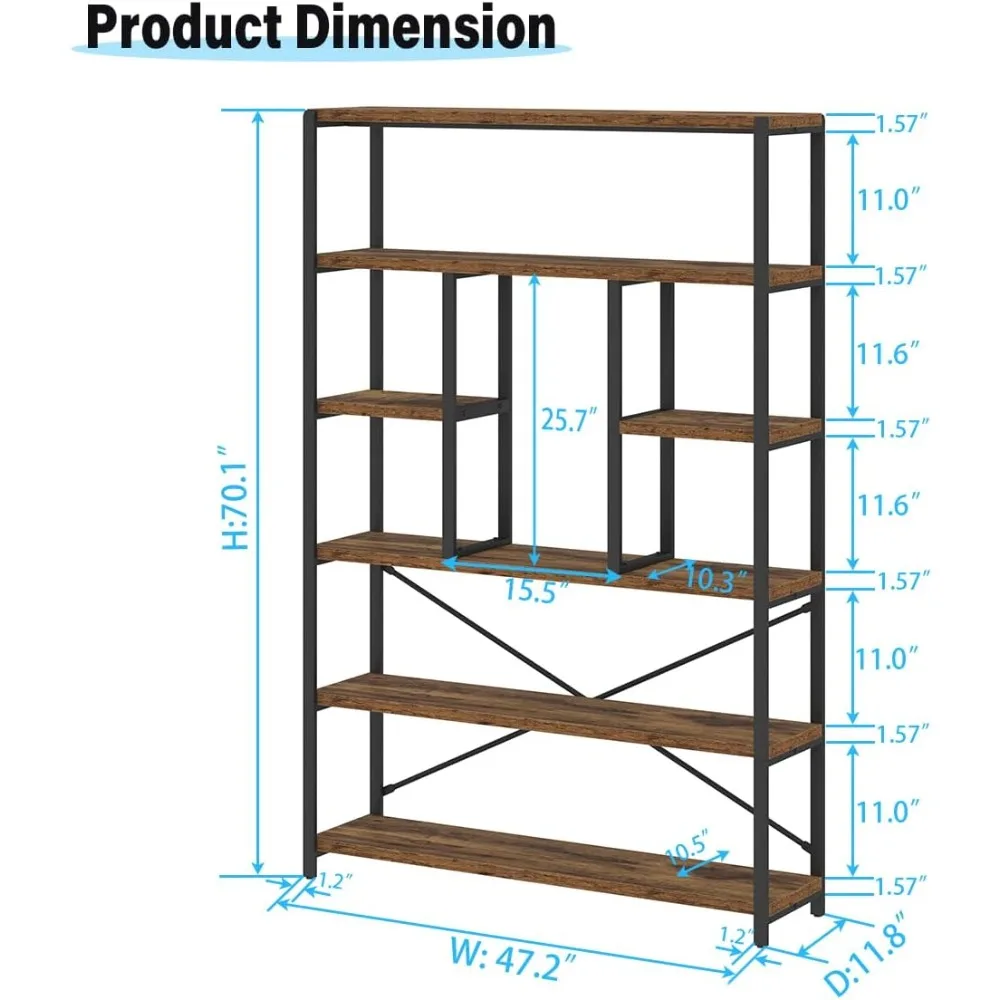 رف تخزين رف كتب عمودي من المعدن والخشب الصناعي مكون من 6 طبقات، خزانة كتب ريفية تعرض Etagere للمكتب المنزلي #2