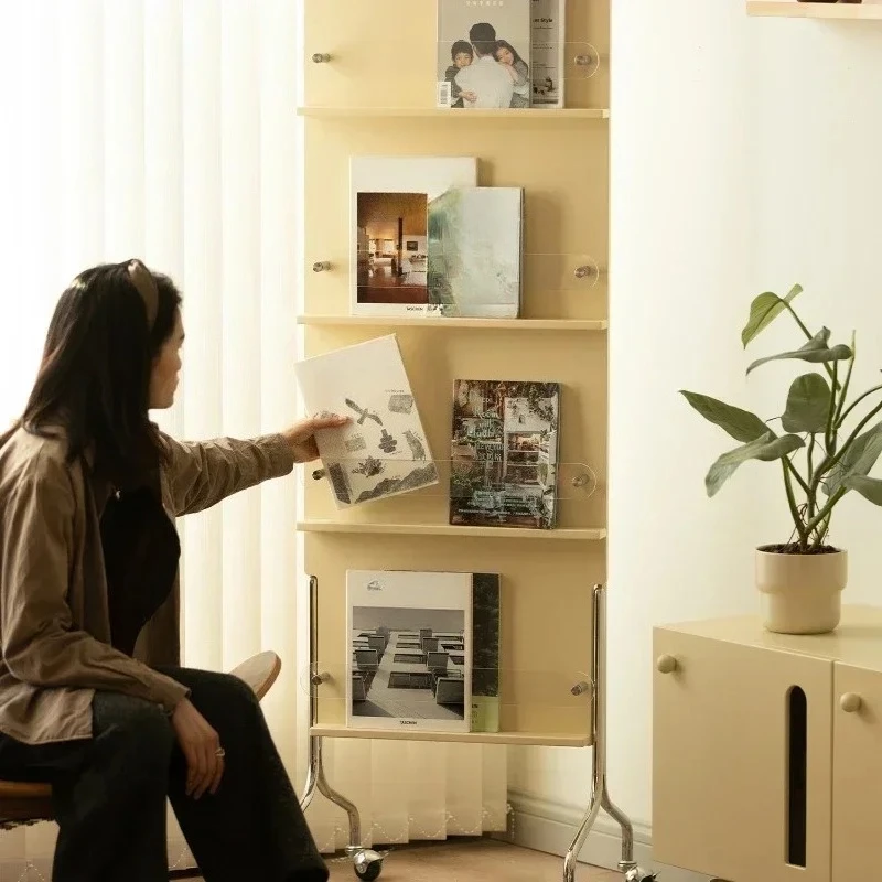 Middle ancient movable magazine rack, living room book and newspaper rack, retro magazine storage acrylic display rack