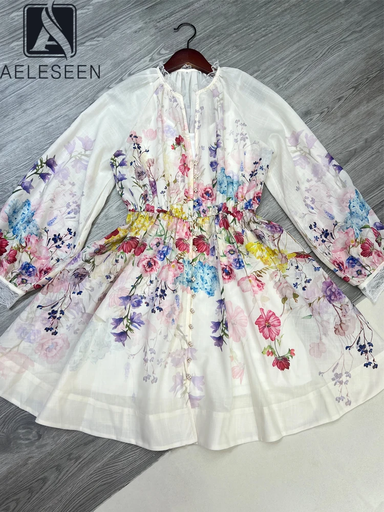 

AELESEEN Summer Sicilian Mini Dress Women Runway Fashion Full Sleeve Colorful Flower Print V-Neck Casual Holiday Vacation