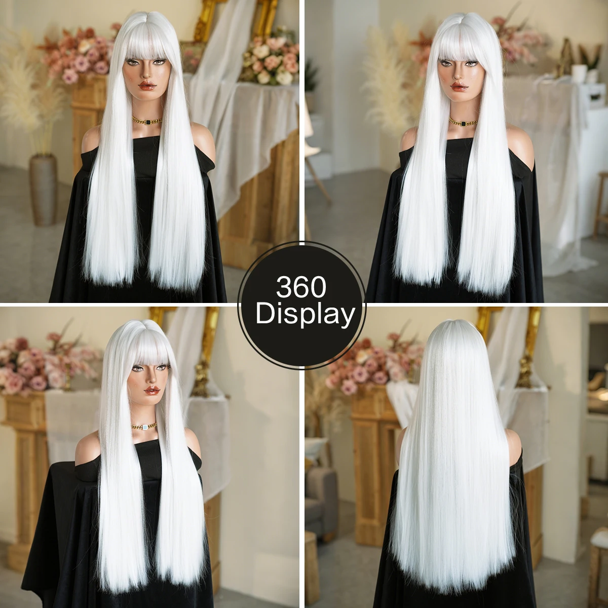 7JHH WIGS Long Straight White Wig for Women High Density Synthetic Heat-Resistant Modest Fashion Wear and Go Wigs with Neat Bang - view 5