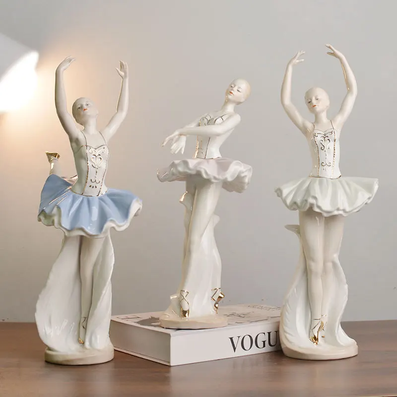 Ballerina Girl Poses with High-end Ceramic Figure Statue, TV Cabinet and Wine Cabinet in Entrance Hall Dance Art Decoration