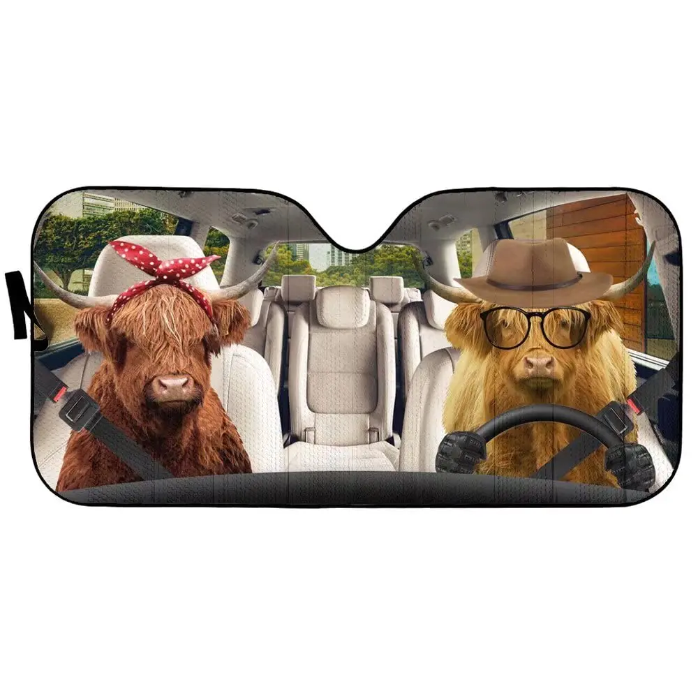 Tup Funny Farm Animal Front Windshield Sun Shade,Highland Cattle in a Hat Car Windshield ZSunshade21121805 0