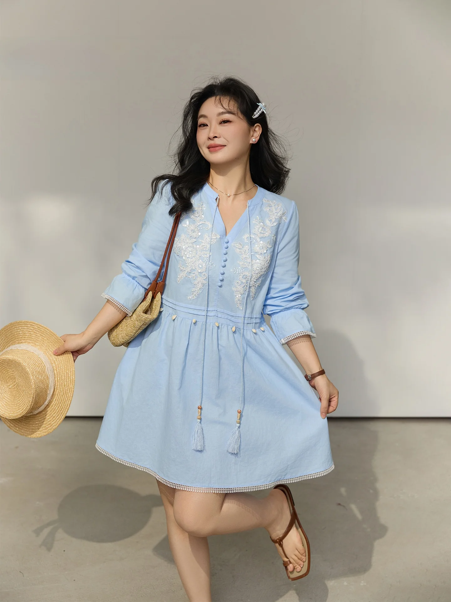 

Large Size Women's Cotton Linen Dr Embroidered oulder Length Sve A-Line Romantic Social Series Spring Holiday Sle