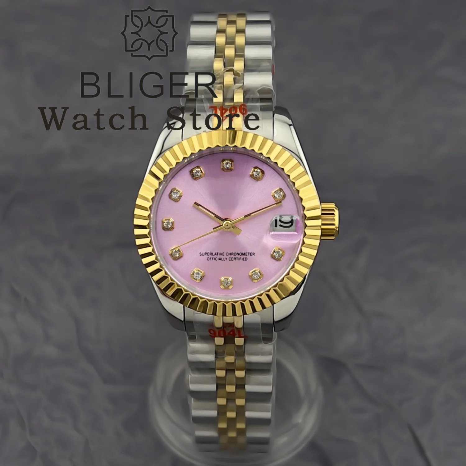 BLIGER 31mm Lady's Luxury NH15A Mechanical Automatic Diving Wristwatch Sapphire Glass Sunburst Pink Dial Tooth Bezel Women Watch