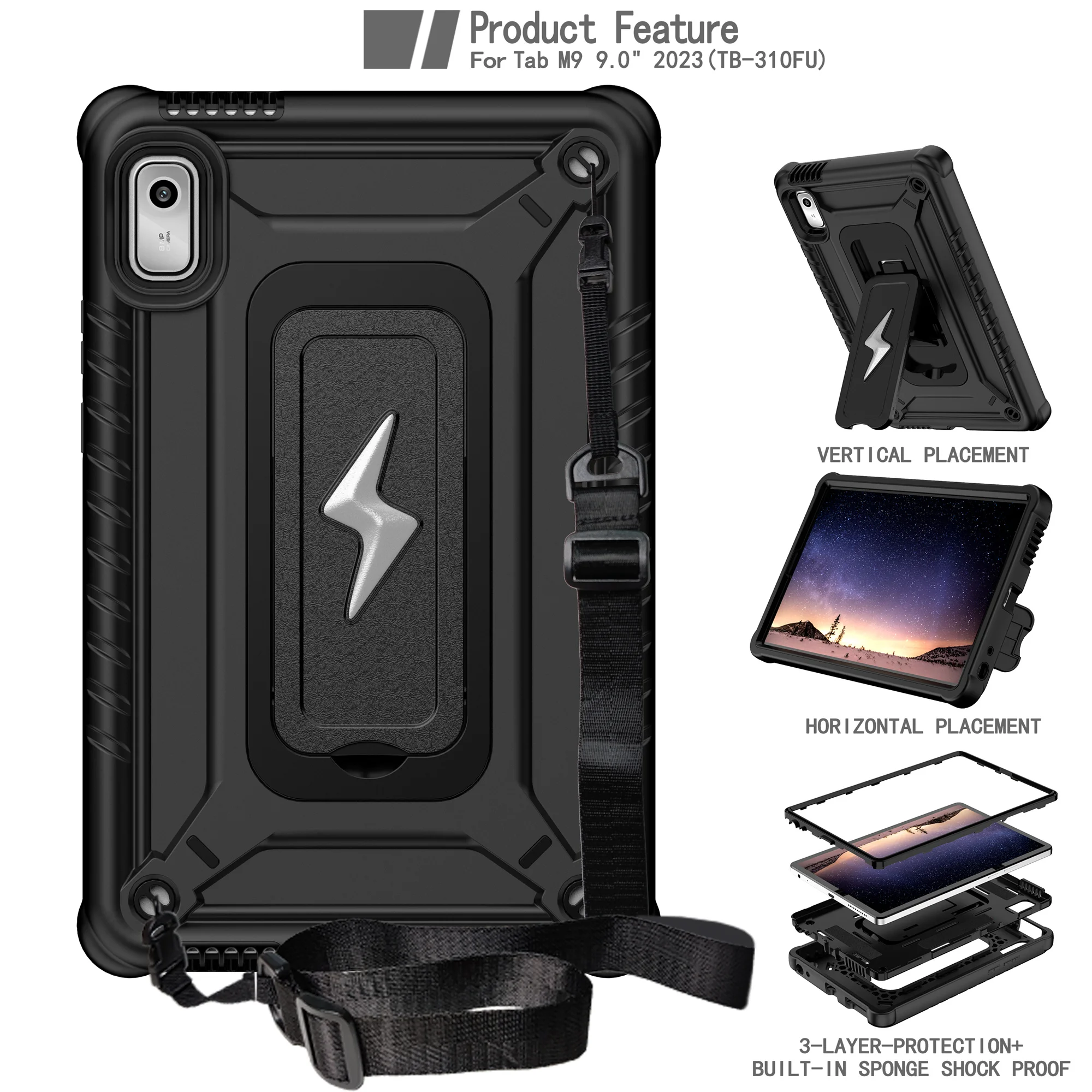 For Lenovo Nook 9 inch (2024) / Tab M9 TB-310FU TB-310FX Case Kickstand PC + Silicone Tablet Cover with Shoulder Strap - Black
