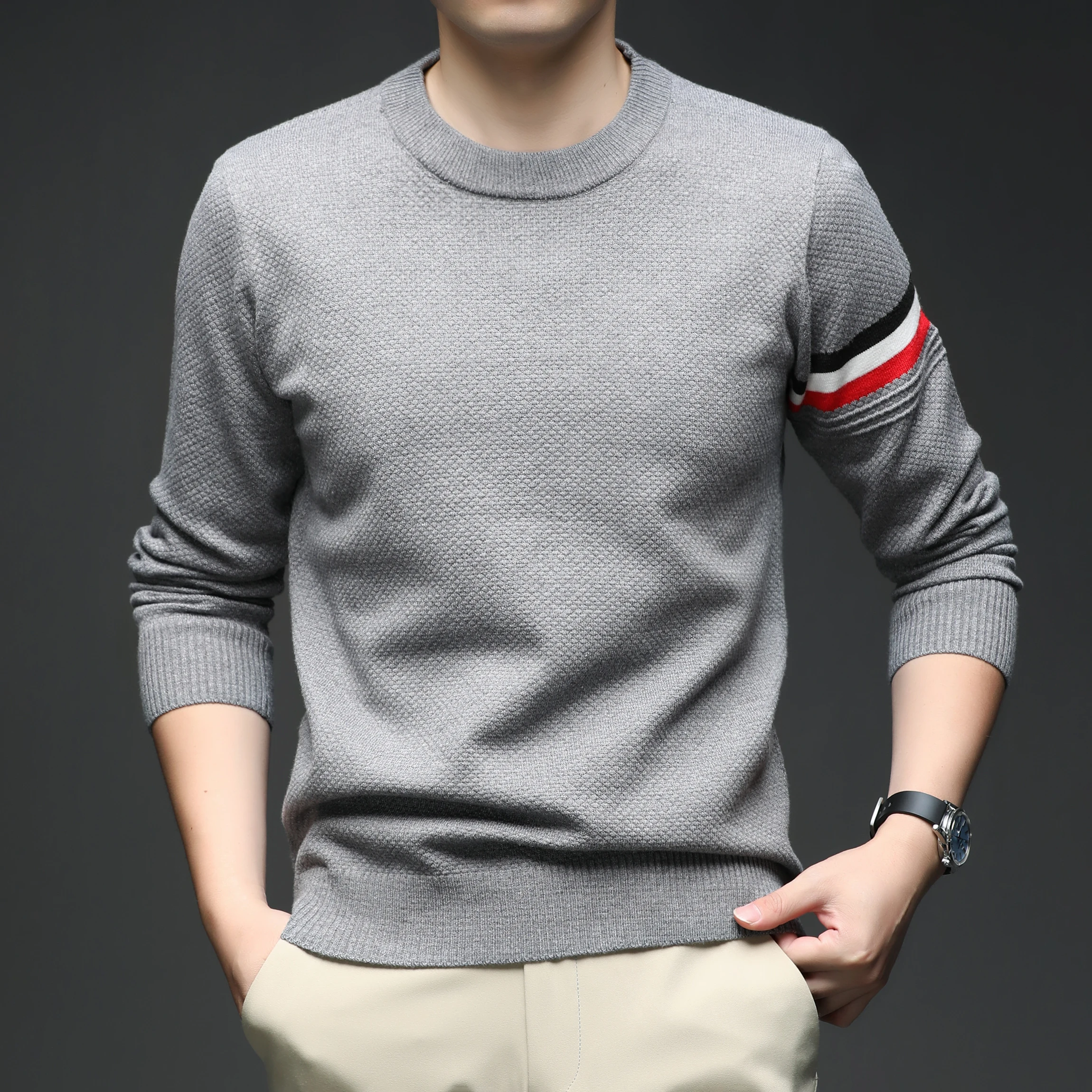 

Осень/зима 2022, новый мужской свитер с круглым вырезом, повседневный свободный вязаный базовый слой для среднего возраста