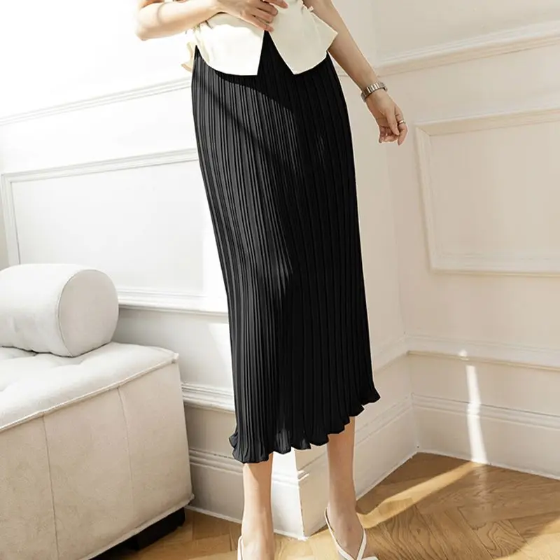 Elegant Elastic Solid Color Pleated A-Line Skirts Women's Clothing 2025 Summer New Loose Office Lady High Waist Skirts