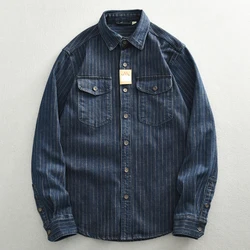 Autumn heavy striped denim shirt men's May khaki cargo coat retro loose large size shirt