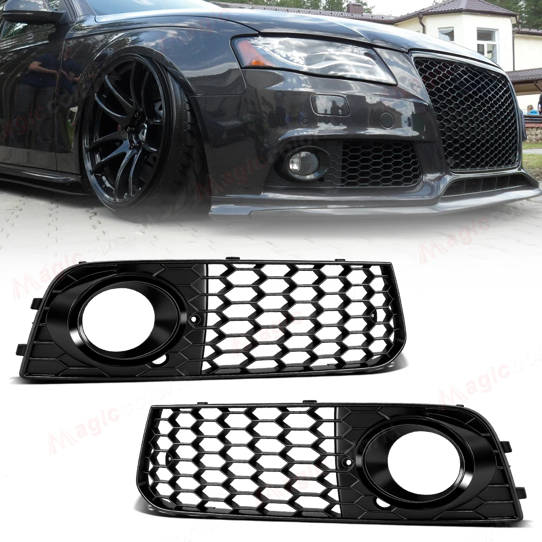

2 шт. решетки противотуманных фар для Audi A4 B8 2009-2012, сетчатые, черные с серебристой рамкой, 8KD807682, 8KD807681