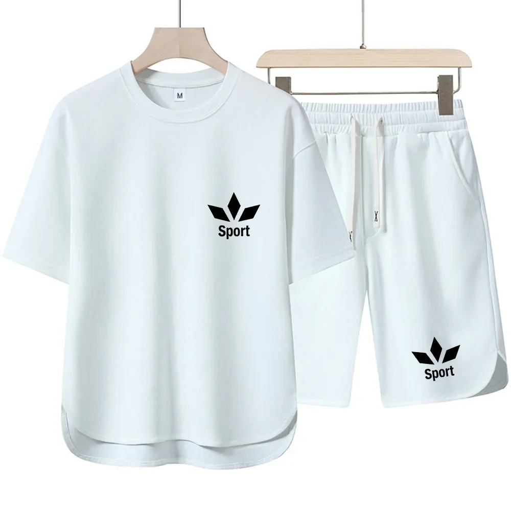 

Basic Sports Outfit: Curved Short-Sleeve Top (Shorter Front, Longer Back) with Side Slit Knee-Length Sports Shorts, Unisex