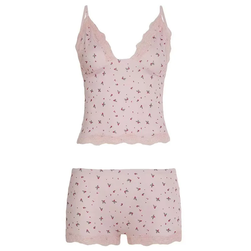 Women Sexy Satin Sleepwear Pajamas Set 2Pcs Top&shorts Nightwear Print Home Clothes Lace V Neck Home Wear Shorts Daily Nightie