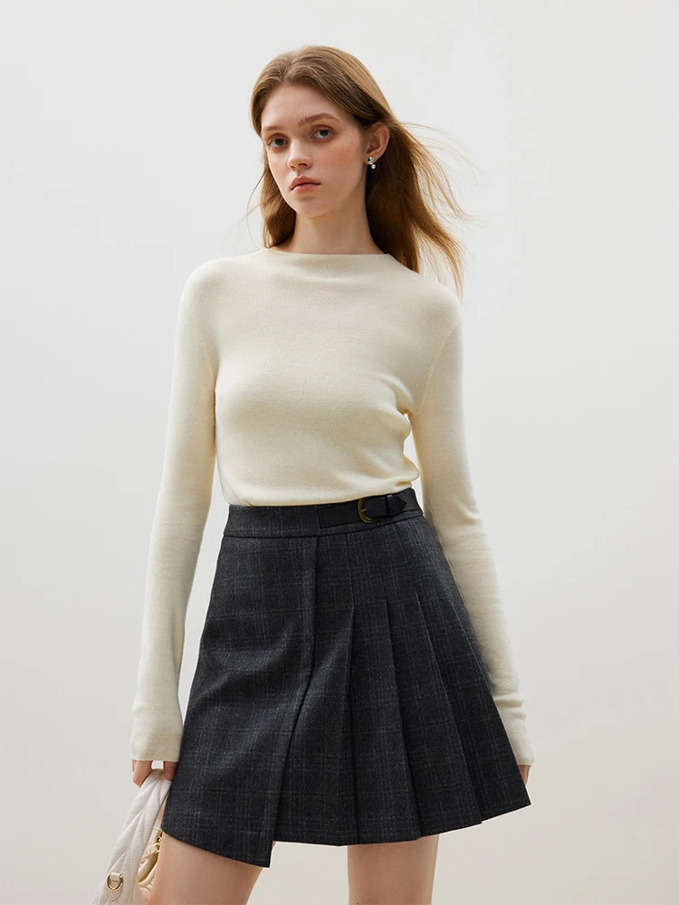 FSLE 45% Wool Women Winter High Waist Mini Skirts Irregular Design Pleated Skirt Coffee Plaid Commuter Women Above-Knee Skirt