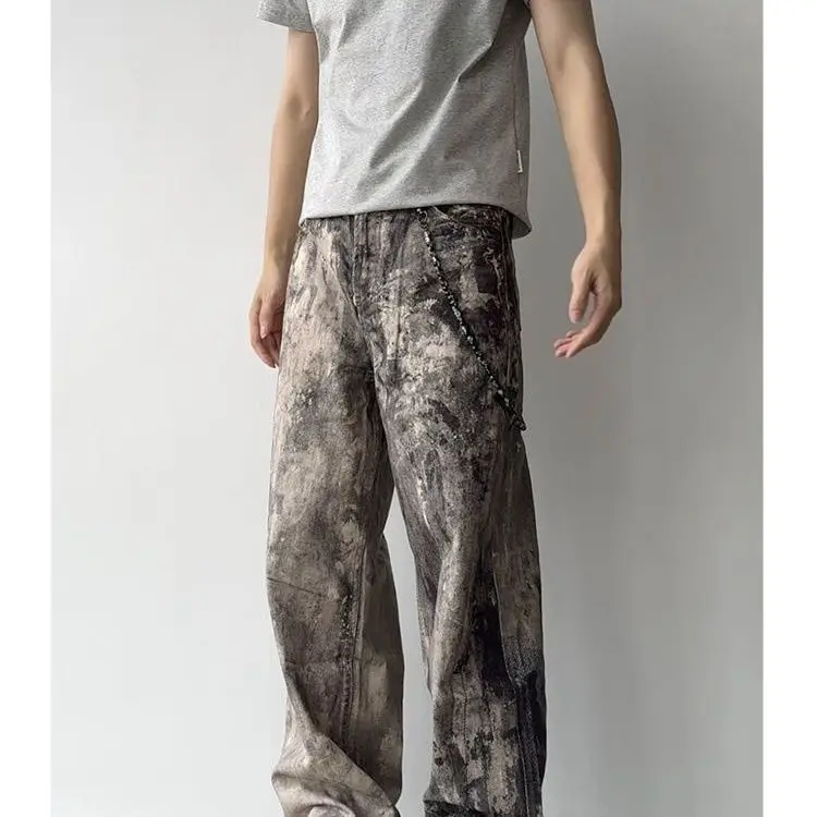Pantaloni a gamba dritta effetto consumato High Street Splash Ink Jeans larghi dal design casual da uomo