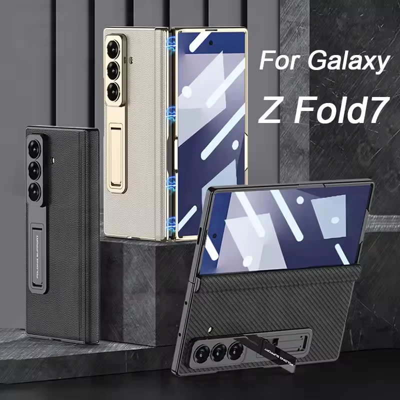 

Магнитный кожаный шарнирный чехол для Samsung Galaxy Z Fold 7 6, роскошная подставка, стеклянный чехол на передний экран для Galaxy Z Fold7, чехол