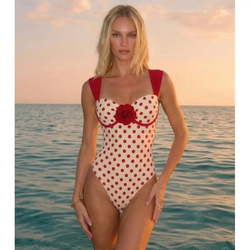 Flaxmaker Summer Swimwear And Skirt Women Red polka dot 3D flower Swimsuit Set Vintage Print Beachwear Biquini conjunto de