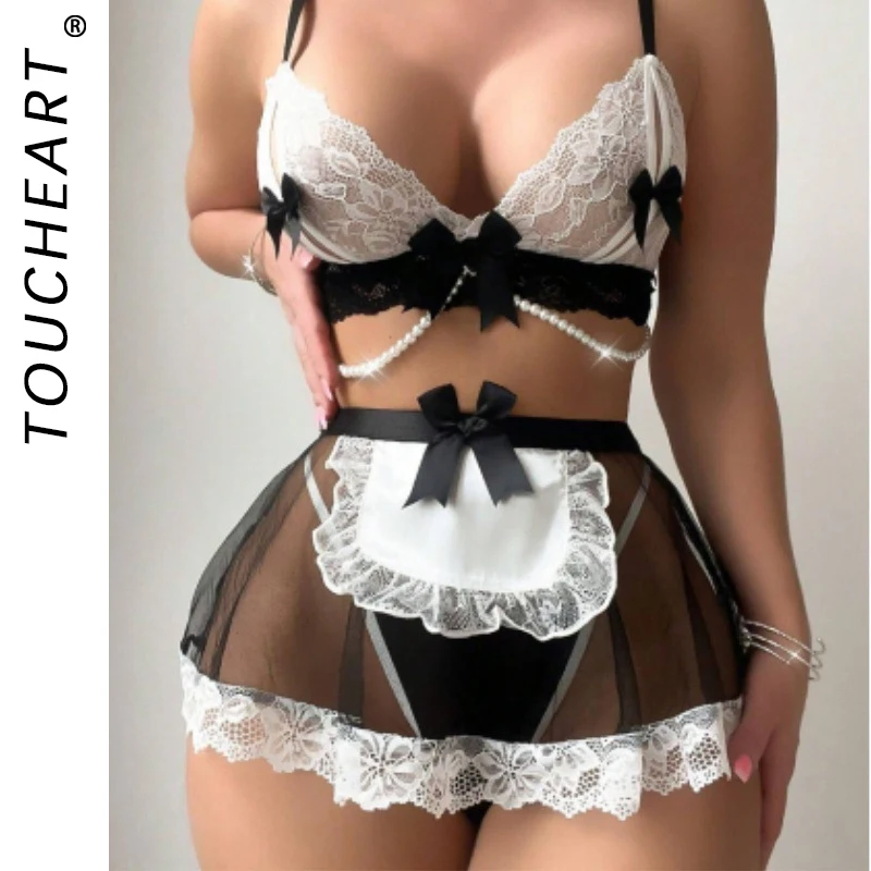 Toucheart 3 Piece Set Sexy Maid Suit For Women Bow Knot Patchwork Lace See-Through Mesh Skirt Sexy Contrast Color Lingerie Suit