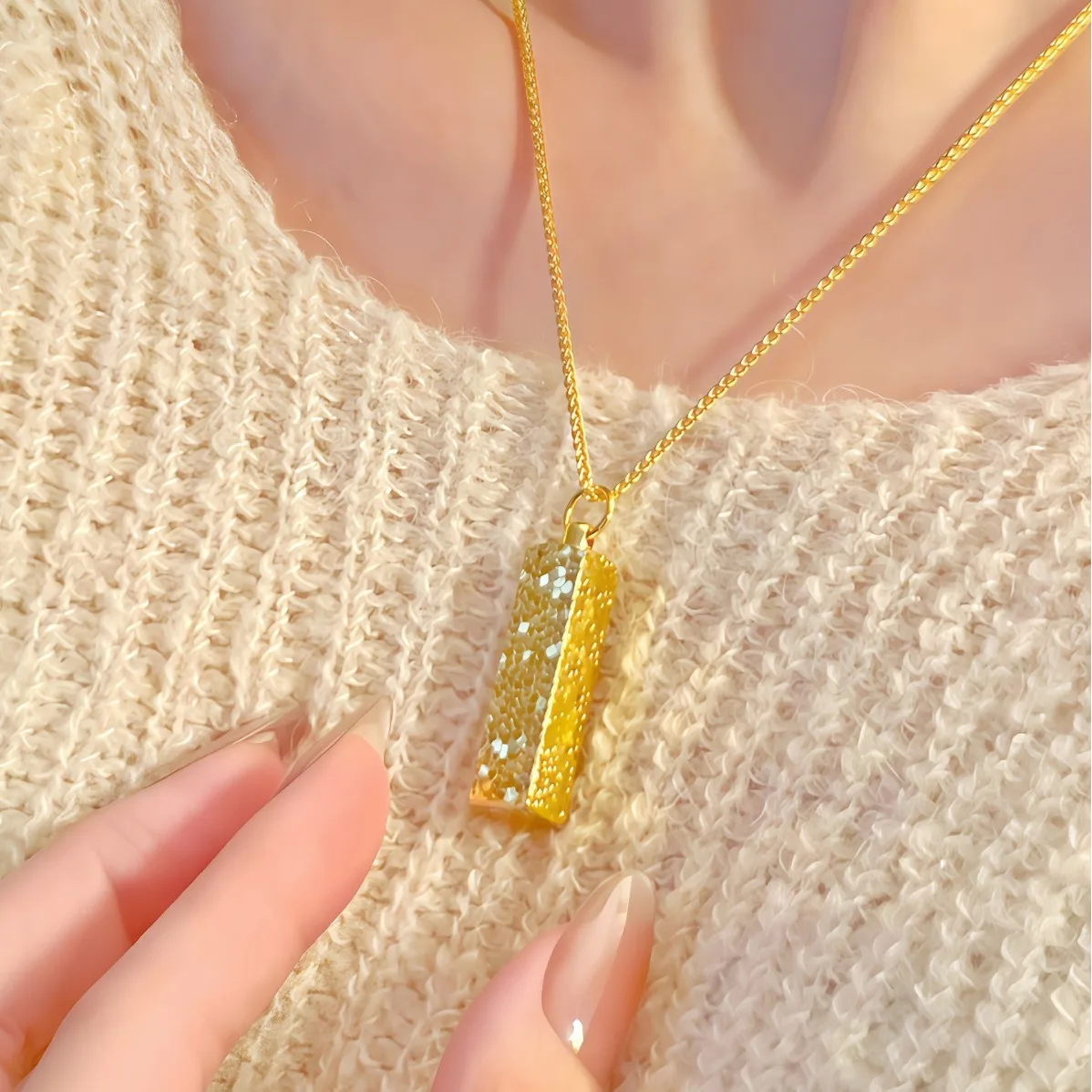 

luxury real gold jewelry 24k certifid crushed ice au999 pure gold small gold bar pendant necklace square clavicle chain