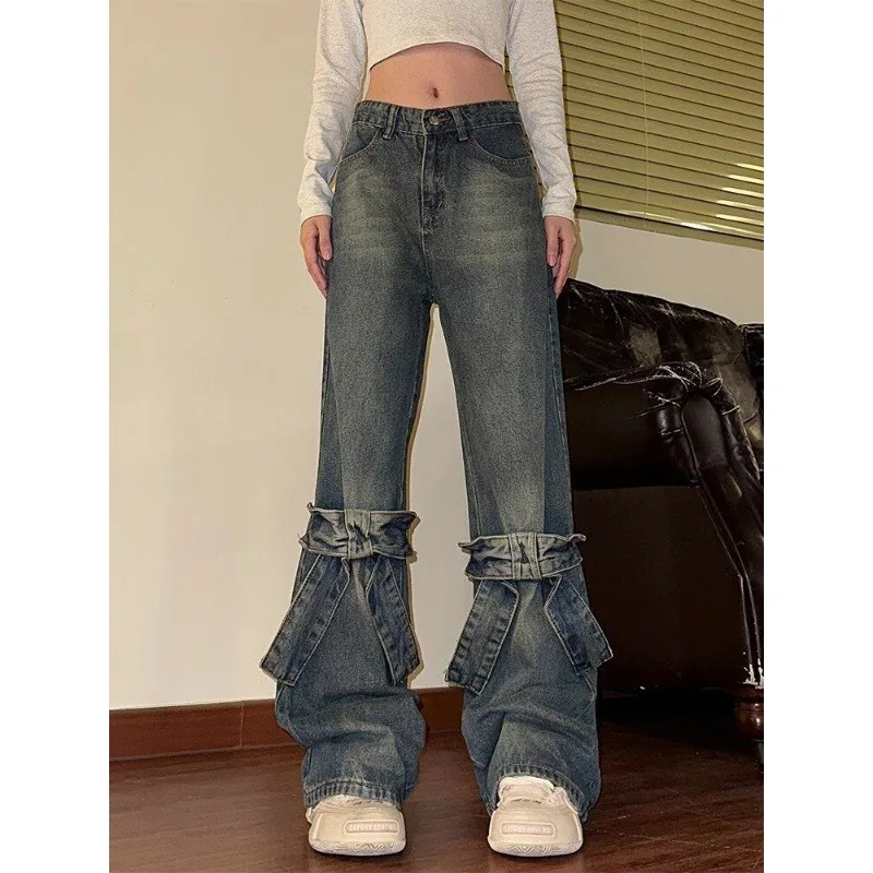 Splicing Bow Slim Jeans Women's Retro High Waist Slim Legs Straight Vaqueros Hong Kong Style New Loose Denim Sweapants New Trend