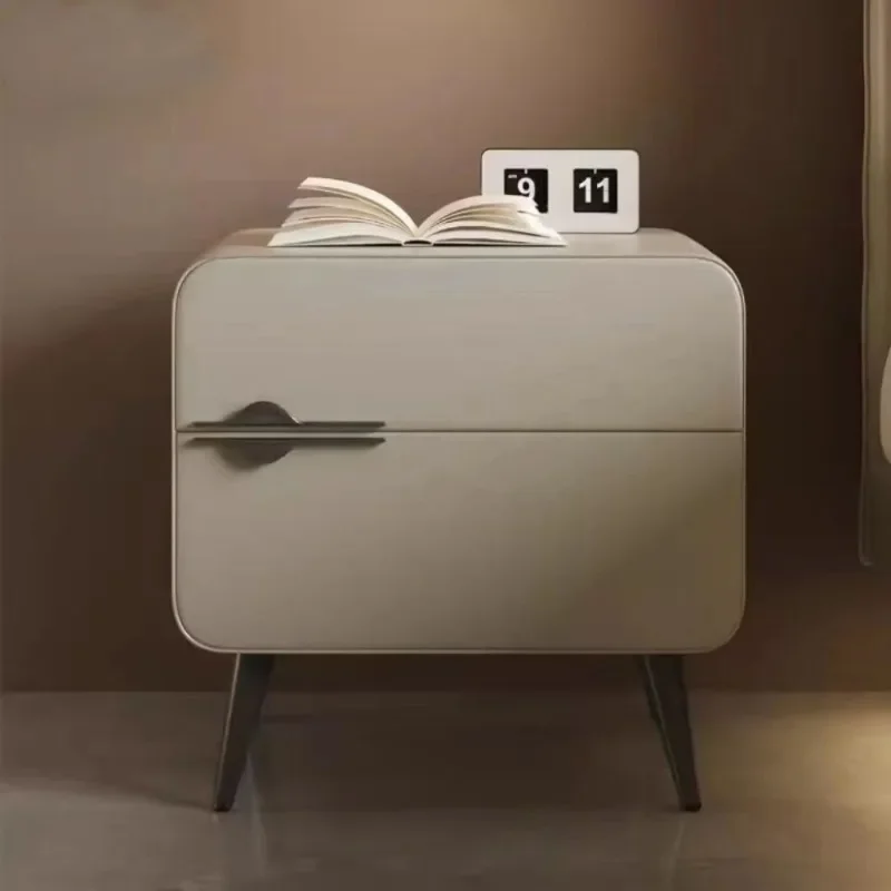 Minimalist Cream Nightstand Double Drawers Unique Groove Hidden Pull Design Bedroom Sofa Side Storage Accent End Table