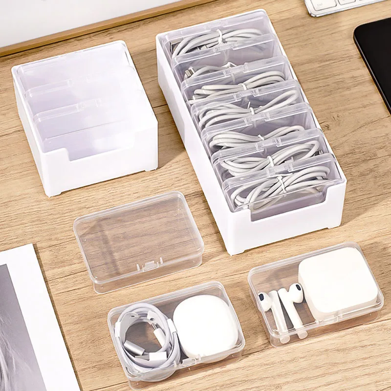 

Multifunctional Data Cable Storage Container With Transparent Small Box Charger Earphone Drawer Grid Storage Desktop Stationery