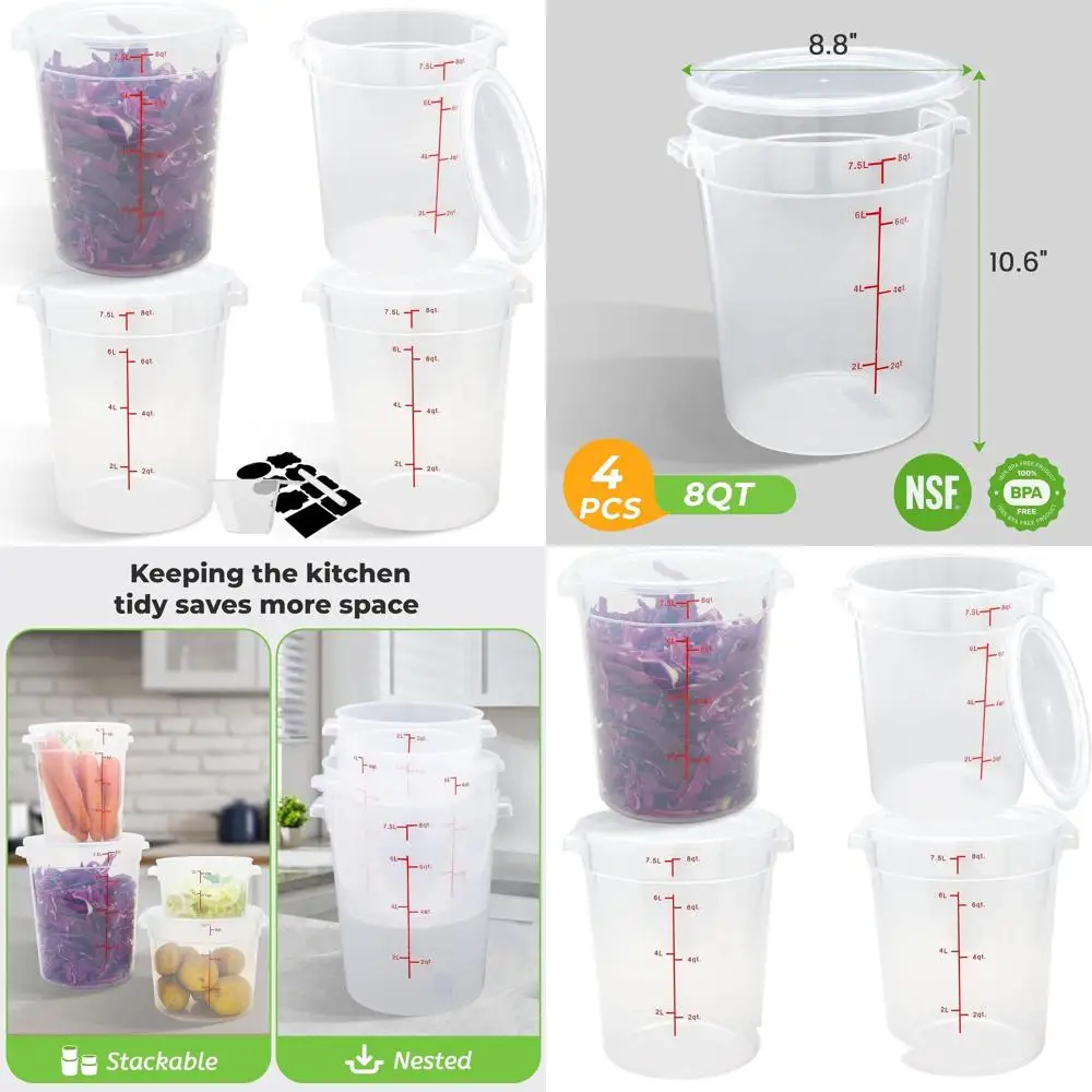 Set mit 4 transparenten, runden Lebensmittelaufbewahrungsbehältern von 8 Quart mit Deckel, BPA-freiem Polypropylen, Etiketten und Messbechern im Lieferumfang enthalten
