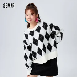 Semir-suéter de cuello redondo de gran tamaño para mujer, suéter con abertura a cuadros de diamantes, moda Retro, Invierno