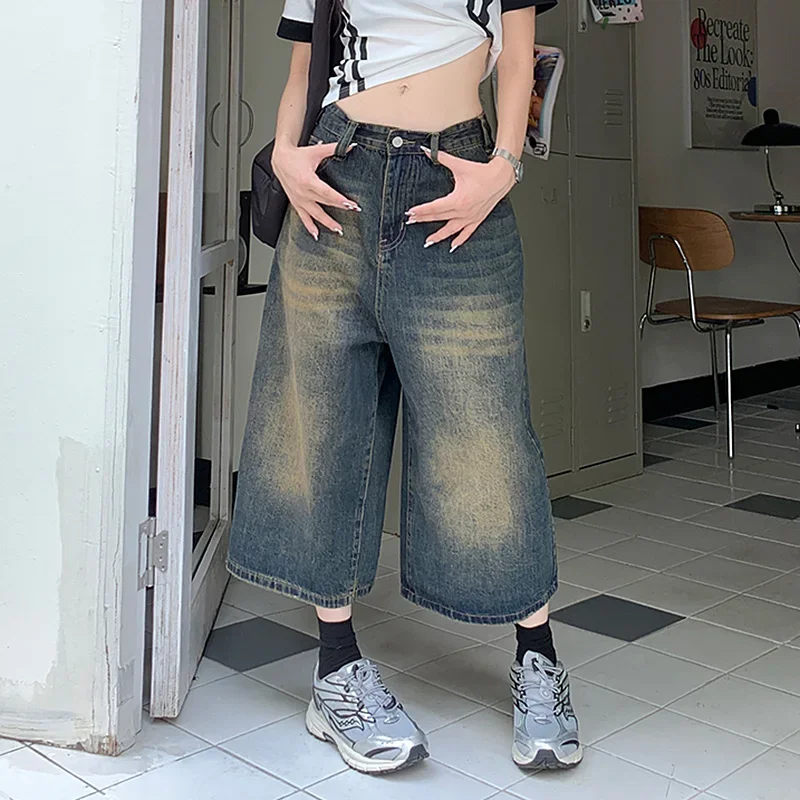 Streetwear Y2k Style Baggy Denim Shorts Women Wide Leg Short Pants Fashion High Waisted Wash Knee Length Jeans Female Z205