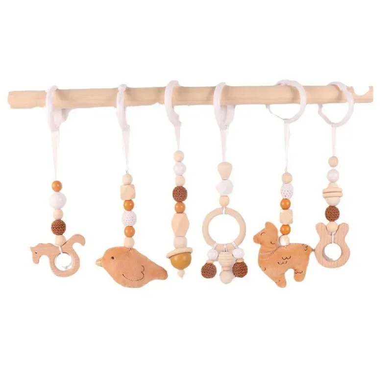 6Pcs Wooden Baby Toys Wooden Beech Activity Gym Frame Stroller Hanging Pendants Toys Teether Ring Nursing Rattle Toys Room Decor