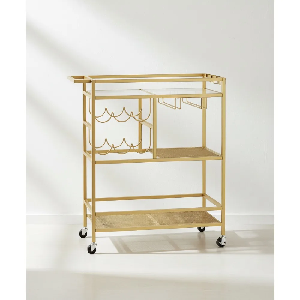 

3-Tier Gold Rolling Bar Cart with Wheels, Wine Rack & Glass Holders - Kitchen Dining Room Serving Cart