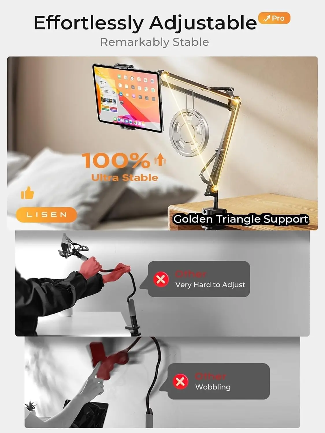 LISEN Tablet Stand Phone Holder iPad Holder for Desk Mount[Ultra Sturdy] 2 Clamps Kindle view 3