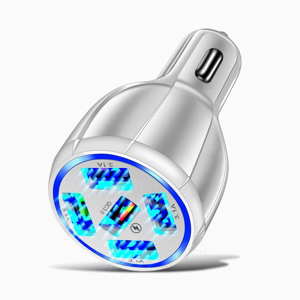 5 Ports USB Car Charger Quick Charge 3.0 Fast Car Lighter for Samsung Huawei Xiaomi iPhone Car Charger QC 3.1-White