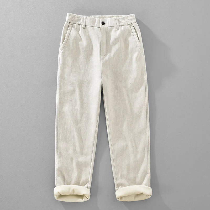 

Утепленные хлопковые льняные брюки прямого кроя с высокой талией, свободные, мужские, осенне-зимние, новые, в стиле ретро, цвет хаки