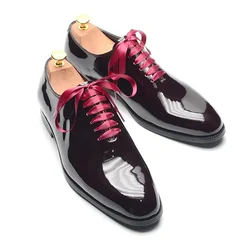 Luxury Men's Dress Shoes Burgundy Smooth Patent Leather Italian Whole Cut Plain Toe Oxford Lace-Up Wedding Party Formal Shoes