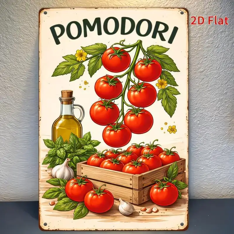 Pomodori Tomatoes Vintage Metal Tin Sign - Retro Italian Wall Art (Tomatoes, Olive Oil, Basil, Garlic) - Iron, Colorful, Perfect