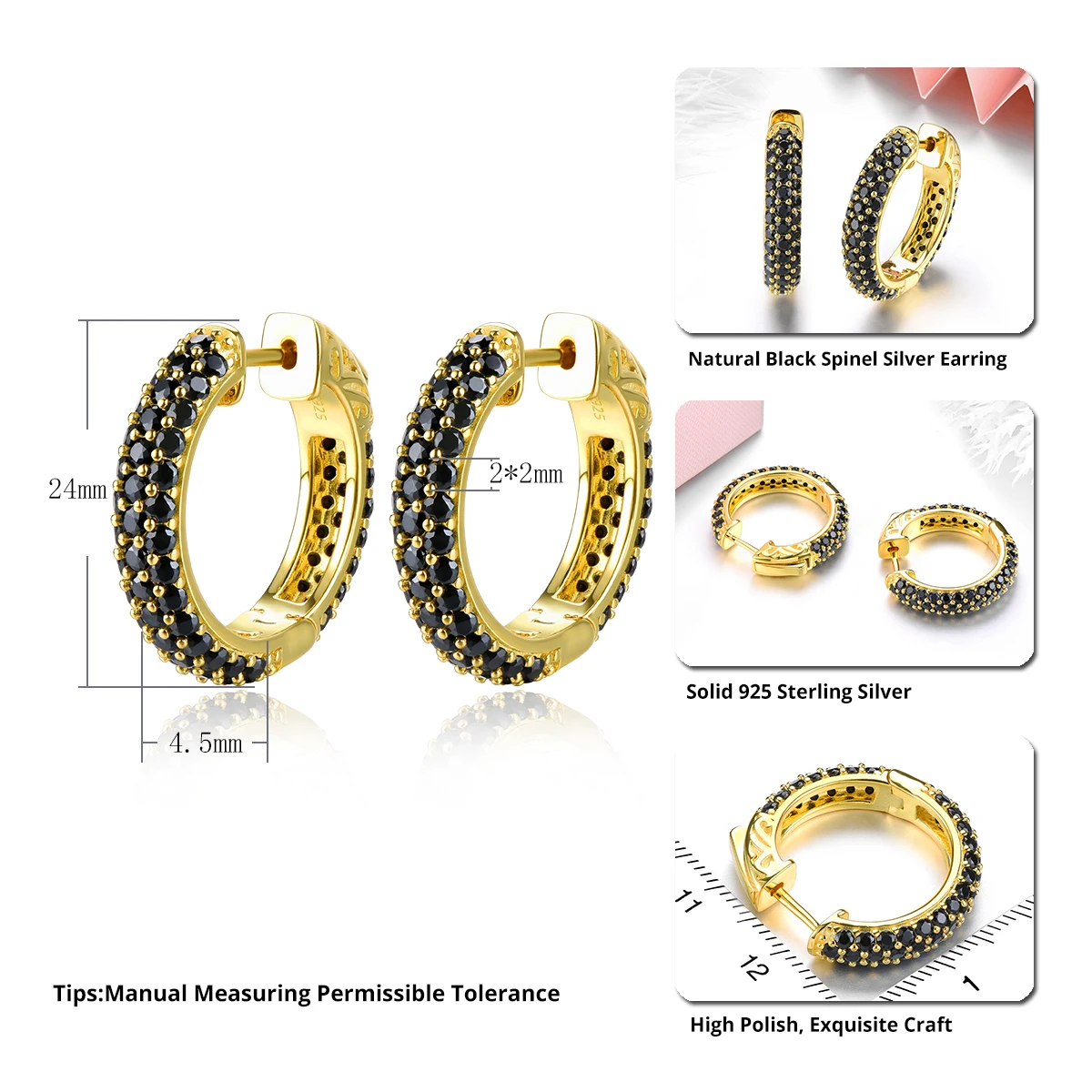 Natural Black Spinel Silver Hoop Earring S925 Yellow Gold Plated 5 Carats Genuine Spinel Classic Original Style Top Quality