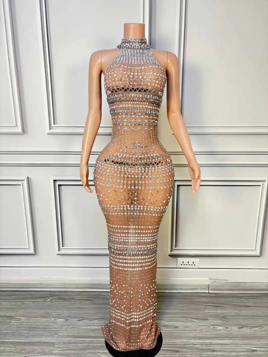

Stretch Mesh Sheer Sleeveless Long Dress For Women Glitter Rhinestone Crystals Sequined Dressy Drag Queen Costume 2024