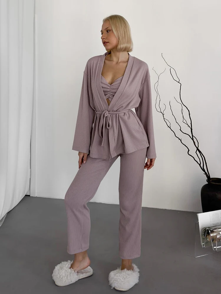 

HiLoc Purple Knitted 3-Piece Sets Lace-Up Blouses With Bra Pajamas Pants Suits Autumn Winter Female Homewear 2024 Casual Outfits