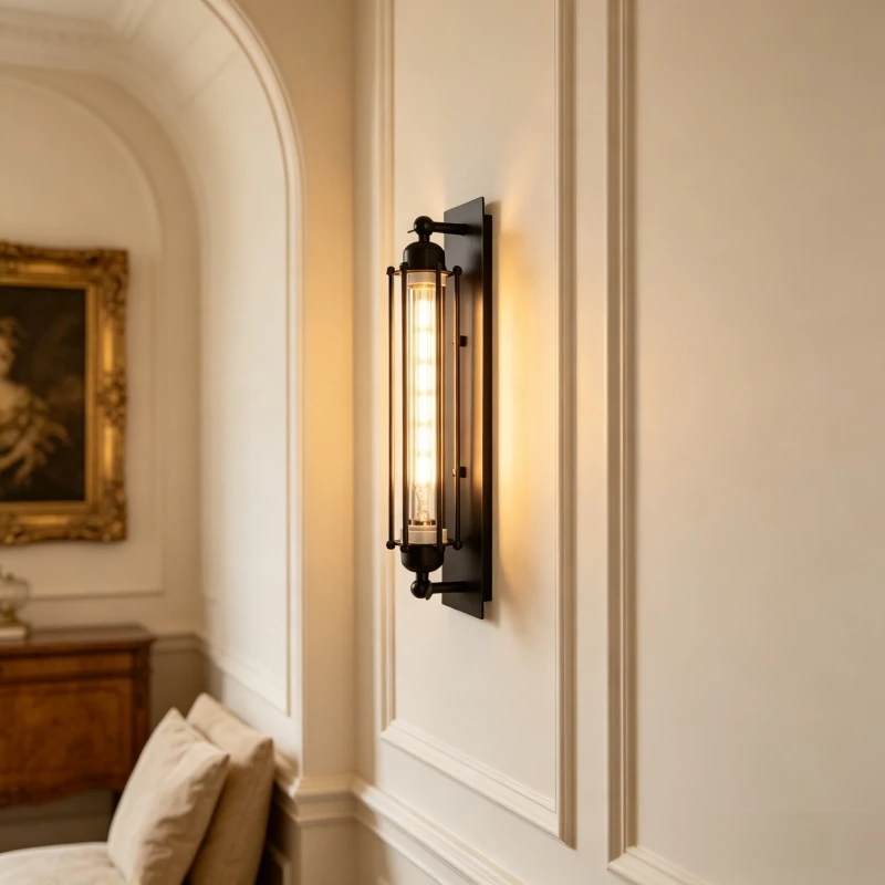 Vintage Industrial Wall Sconce Matte Black Metal Cage Long Tube LED Wall Lamp for Study Library Hallway Bar Home Decor